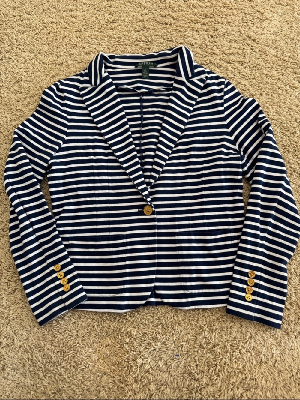Lauren Ralph Lauren Striped Ponte 100% Cotton Knit Blazer Navy White, sz L